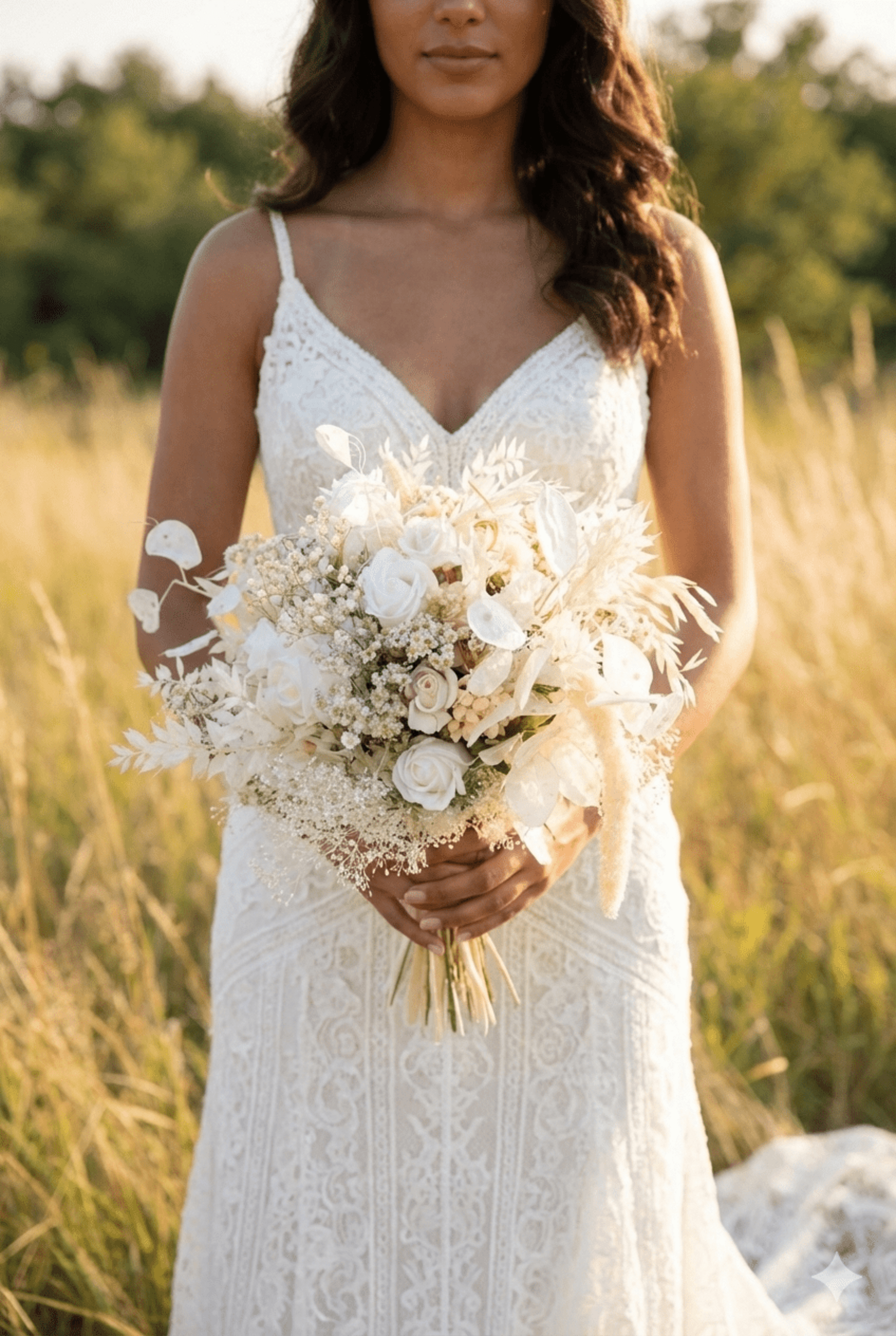 Ramo de Novia Bohemio Blanco: Flores Preservadas, Secas y de Tela - 4
